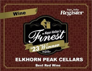 Promotional graphic announcing Elkhorn Peak Cellars as the 2023 winner for Best Red Wine in Napa Valley.
