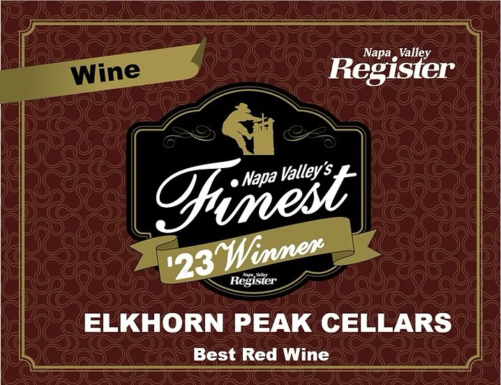 Promotional graphic announcing Elkhorn Peak Cellars as the 2023 winner for Best Red Wine in Napa Valley.